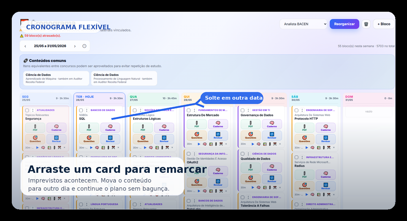 Cronograma semanal do Atlas com cards de estudo que podem ser arrastados para outra data